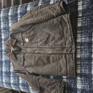 Carhartt Black Work Jacket With Brown Collar.